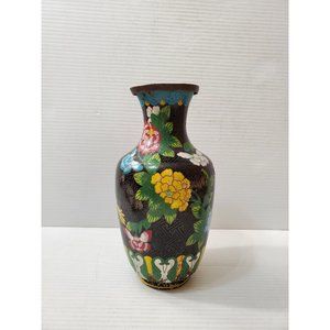 Vintage Cloisonne Urn Vase Violet Lily surrounded by Flowers 3" Miniature